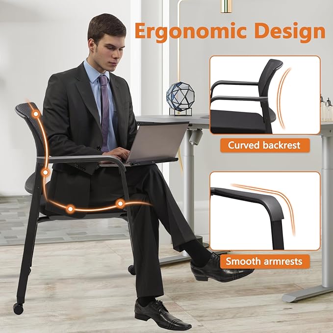 CLATINA Black Waiting Room Chair with Wheels Mesh Back Stacking Arm Chairs with Upholstered Fabric Seat and Ergonomic Lumbar Support for Office School Church Guest Reception