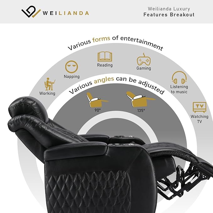 Weilianda Home Theater Seating Top Grain Leather Zero Gravity Recliner Chair Power Headrest Recline Movie Seat Gaming 7 Colors Mood Light Sofa with Tray Table USB Charge Row of 5 Black
