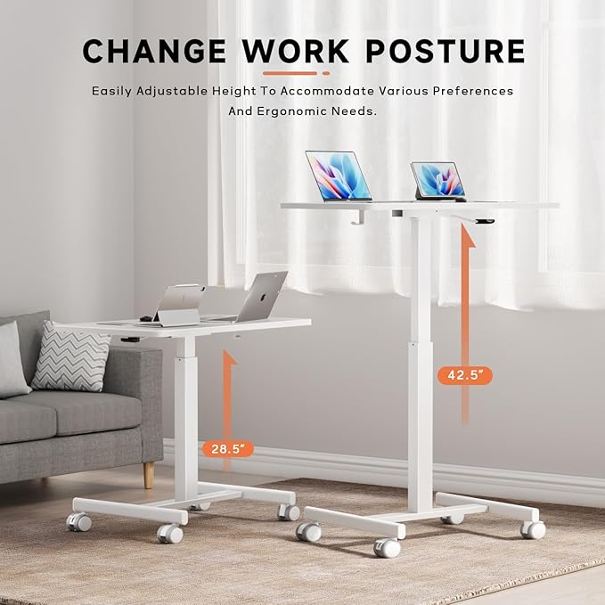 NICECOZY Mobile Standing Desk, Small Standing Rolling Desk, Portable Laptop Desk with Lockable Wheels, Computer Workstations, Adjustable Height, White