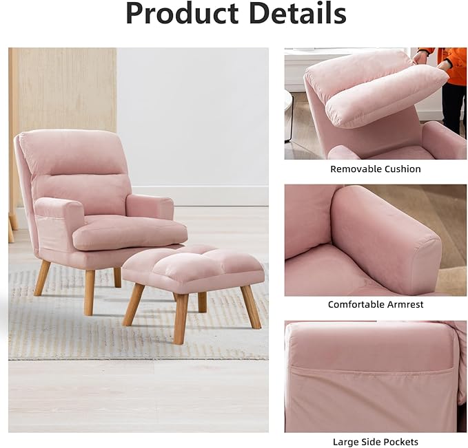 IOMOR Accent Chair with Ottoman Comfy Reading Chair Armchair with Adjustable Backrest and Side Pockets Soft Fabric Leisure Sofa for Bedroom, Living Room, Dorm Rooms, Garden, Pink