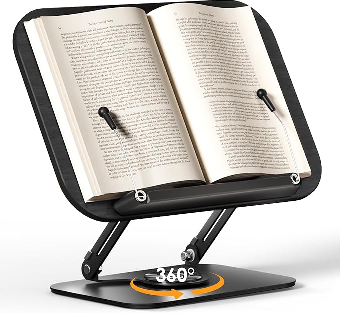 SupeDesk Book Stand for Reading, Adjustable Book Holder with 360° Rotating Bases, Foldable Designs, and Elastic Clips, Multifunctional Display Stand for Recipe, Cookbooks, Magazines, Tablets (Black)