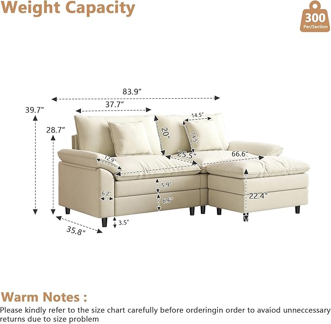 Aoowow Modular Sectional Sofa Modern Convertible Loveseat Couch,85 Inch Deep 2-Seater Sofas Comfy Chenille Cloud Sofas and Couches Set with Movable Ottoman for Living Room Apartment(Beige)