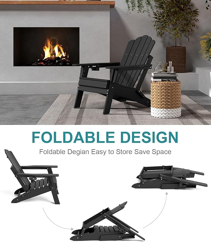 FOOWIN Adirondack Chair Set of 6, Folding Adirondack Chair with Cup Holder, HDPE All-Weather Fire Pit Chair for Patio, Garden, Backyard, Poolside, Black
