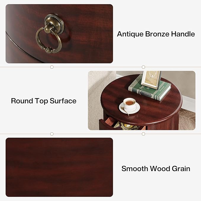 Tribesigns Solid Wood End Table Set of 2, Round Side Table with 4 Drawers, Vintage Bedside Table Nightstand for Small Spaces, Living Room, Bedroom, No Assembly Required (2, Cherry Brown)