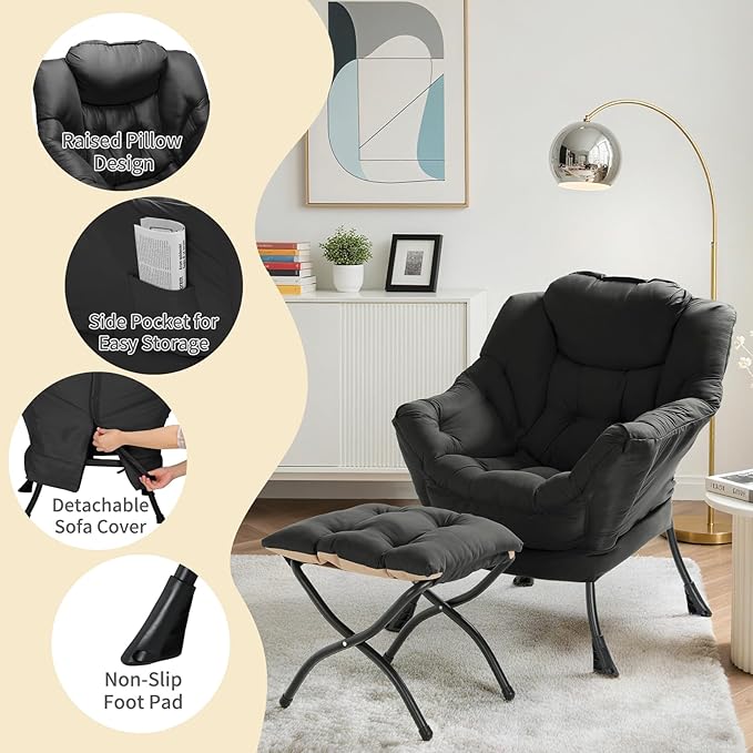 TLSUNNY Lazy Chair with Foldable Ottoman, Modern Comfy Lounge Chair, Large Sofa Armchair with Footrest and a Side Pocket, Reading Chair with Footstool for Bedroom, Living Room, Dorm (Black)