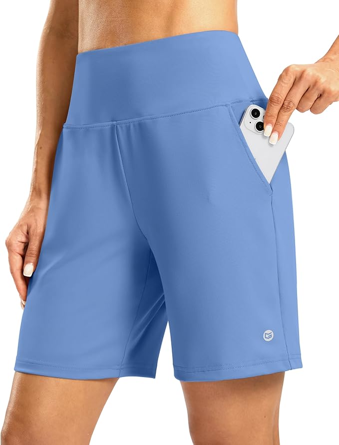 Women's Athletic Shorts with Zipper Pocket 7" High Waisted Stretchy Bermuda Shorts for Women Workout Running Casual