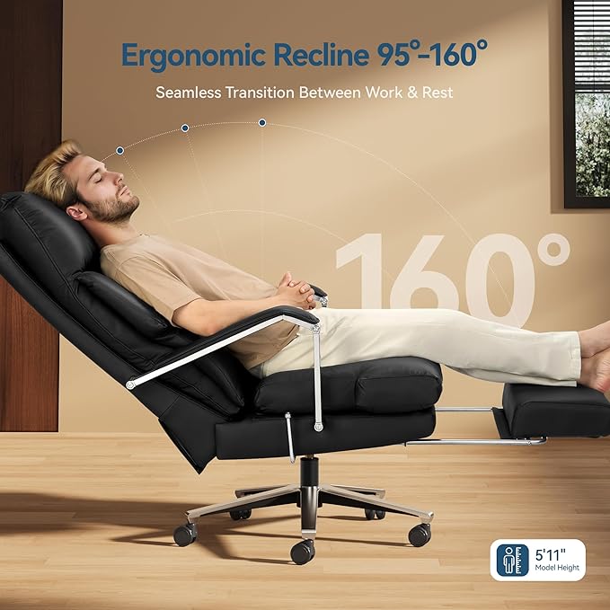 M76 Recline Office Chair with Footrest, 160° Infinite Reclining 10" Thick Executive Desk Chair, 420lb Heavy Duty Big and Tall, Adjustable Seat Depth, Black