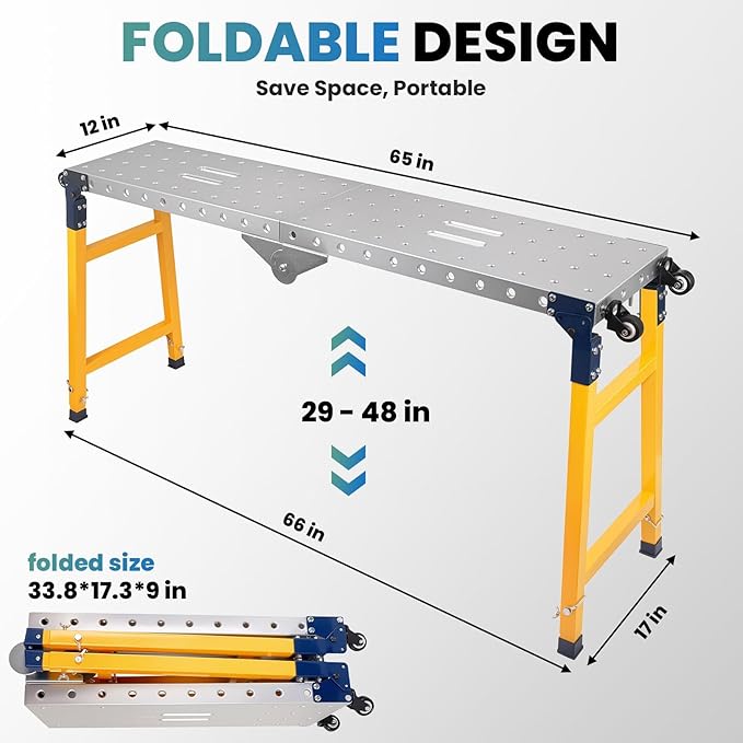 1000 LBS Portable Folding Welding Table | Adjustable Height Work Platform with Casters | Galvanized Steel Construction | Heavy Duty Load Capacity Carbon Steel Work Bench for for Indoor/Outdoor Use