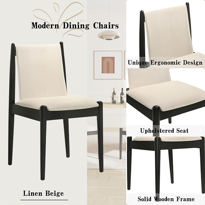 DUOMAY Modern Upholstered Linen Beige Dining Chairs Set of 2, Wooden Armless Chairs with Padded Seat Cushion and Sturdy Frame for Dining Room, Restaurant, Living Room, Kitchen, Black Leg