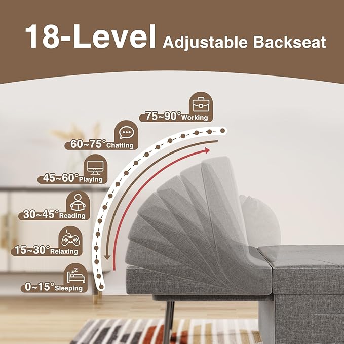 4 in 1 Sleeper Chair, Convertible Sleeper Sofa with Ottoman, Ottoman Bed for Adults, Sofa Bed with Adjustable Backrest for Living Room Apartment Office, Light Grey