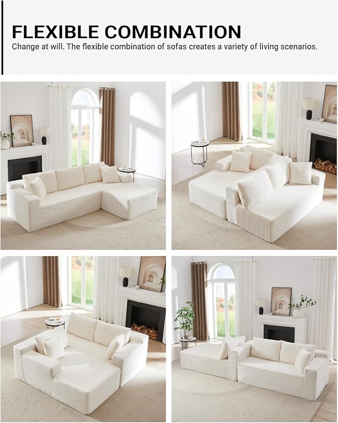 Vanress Cloud Couch Sectional, Corduroy Boneless Couch with L-Shape Chaise, Modern Modular Sectional Sofa Comfy Deep Seat for Living Room, Bedroom, No Assembly (White, Right Facing Chaise)
