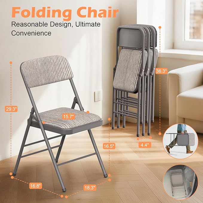 Commercial Grade Folding Chair with Padded Fabric Cushion（16"X16" |Double-hinged Legs Luxury Style|4.5kg Capacity Max Weight 150Kg for Home and Office,Indoor and Outdoor Events (4, Fabric-Beige)