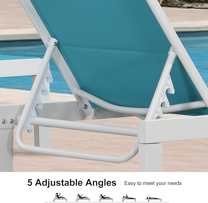 PURPLE LEAF Outdoor Chaise Lounge Set Elderly-Friendly Straight Legs Adjustable Sunbathing Recliner with Side Table for Back Support Poolside Beach Patio Lounge Chairs Blue 2 Sets