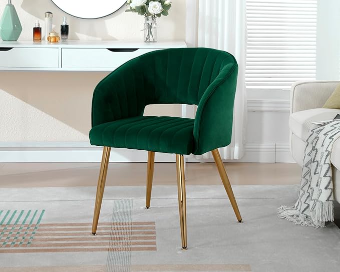 KCC Modern Accent Dining Chairs Set of 2, Upholstered Velvet Dining Room Chairs with Hollow Back, Tufted Kitchen Chairs Side Chair with Gold Metal Legs for Living Room Restaurant, Green