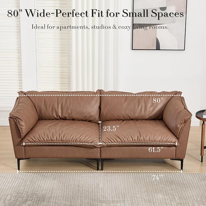 CIMOTA 80'' Faux Leather Loveseat Sofa for Living Room, Modern 2 Seater Small Cloud Couch for Bedroom/Small Space/Apartment, Comfy Office Couches with Upholstered Cushions, Minimalist Style, PU Brown