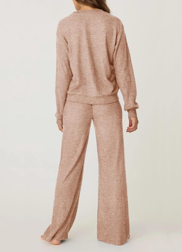 Aamikast Women's 2-Piece Lounge Set Soft Brushed Jersey Sleepwear Pajamas Set Long Sleeve Top & Wide Leg Pants