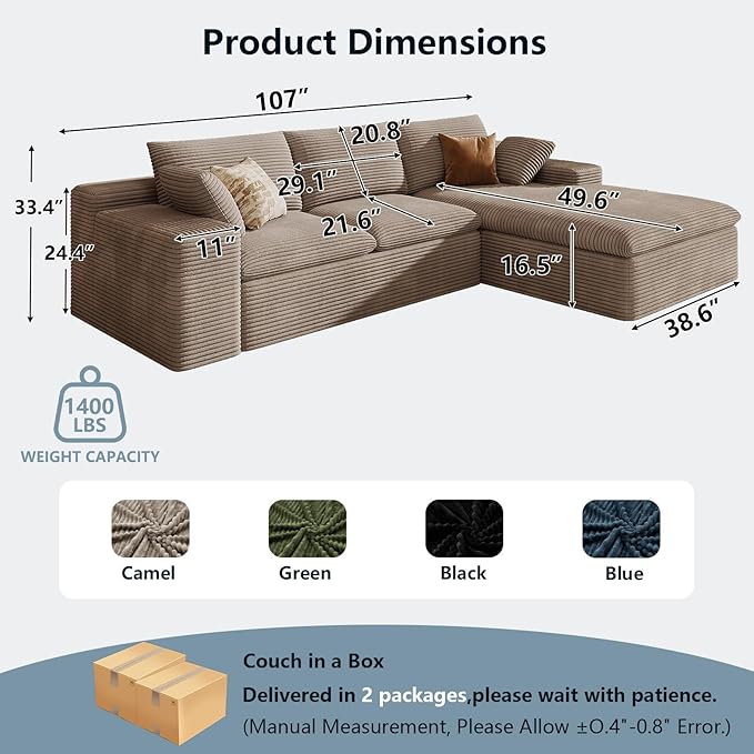 107" Cloud Sectional Couch with L-Shape Chaise,Corduroy Viral Boneless Sofa for Living Room,Modern Memory Foam Couches in a Box with Deep Seat,No Assembly Required (Camel,Right-Facing Chaise)