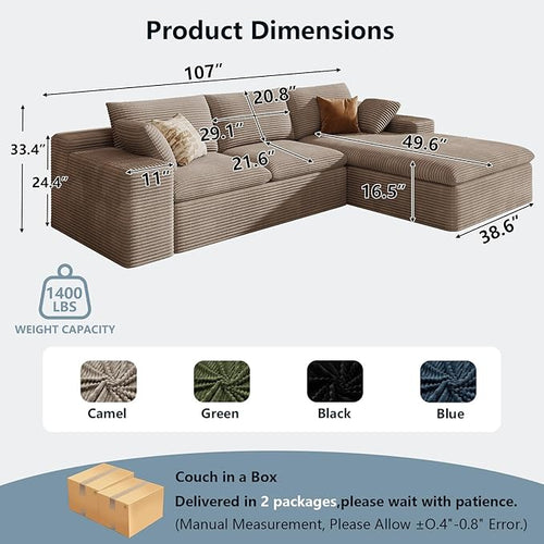 107" Cloud Sectional Couch with L-Shape Chaise,Corduroy Viral Boneless Sofa for Living Room,Modern Memory Foam Couches in a Box with Deep Seat,No Assembly Required (Camel,Right-Facing Chaise)