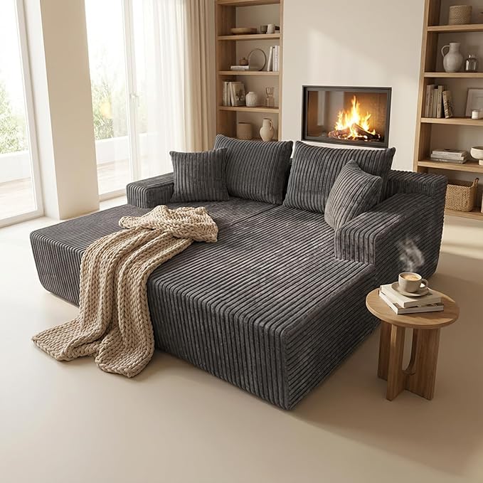 SYTOPIA Loveseat Chaise Lounge with Armrests, Oversized Sofa Bed with 4 Pillows, Cozy Boneless Sleeper, Modular Sectional Couch for Living Room Bedroom, Floor Chair Furniture sala Corduroy, Urban Grey