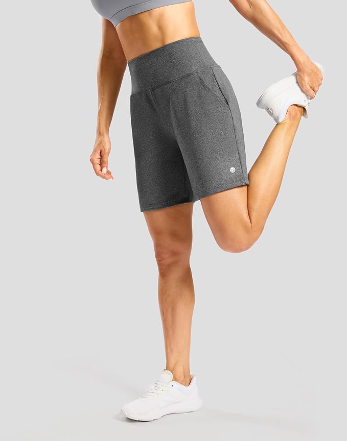 Women's Athletic Shorts with Zipper Pocket 7" High Waisted Stretchy Bermuda Shorts for Women Workout Running Casual