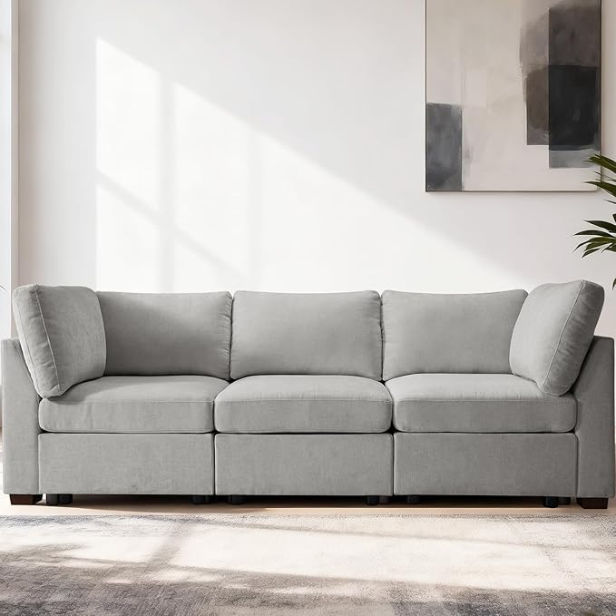 EDILLY 94 inches Oversized Modular Sectional Fabric Cloud Sofa Set, Extra Large L Shaped Couch Reversible Chaise Couch,3 Seat Modular Sofa, Light Grey