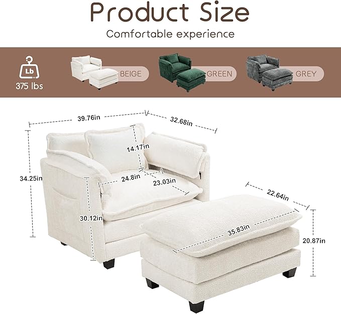 KEIKI Boucle Accent Chair with Storage & Ottoman, Oversized Reading Arm Chair w/Double Cushion, Modern Side Deep Seating Chairs Set, Corner Comfy Lounge Armchair for Living Room, Bedroom, White