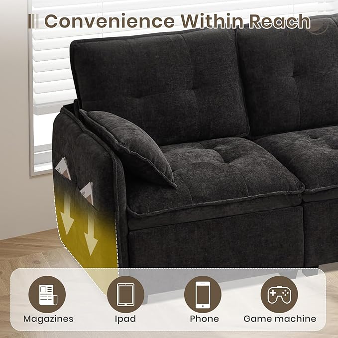 PALLOME 96" Modular L-Shaped Sofa - 3-Seat Cloud Couch with Movable Ottoman, Extra Deep Seat Sofa Couch with Throw Pillows for Living Room & Small Spaces (Black, 3-Seat + Ottoman)