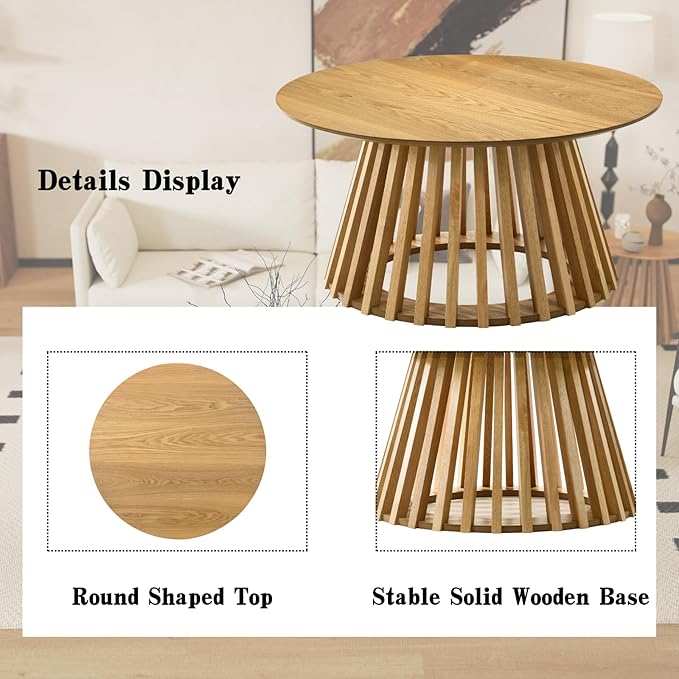 DUOMAY Modern Solid Wood Round Coffee Table with Geometric Base, Sturdy Wood Center Table for Living Room, Lounge, Office, Log Color