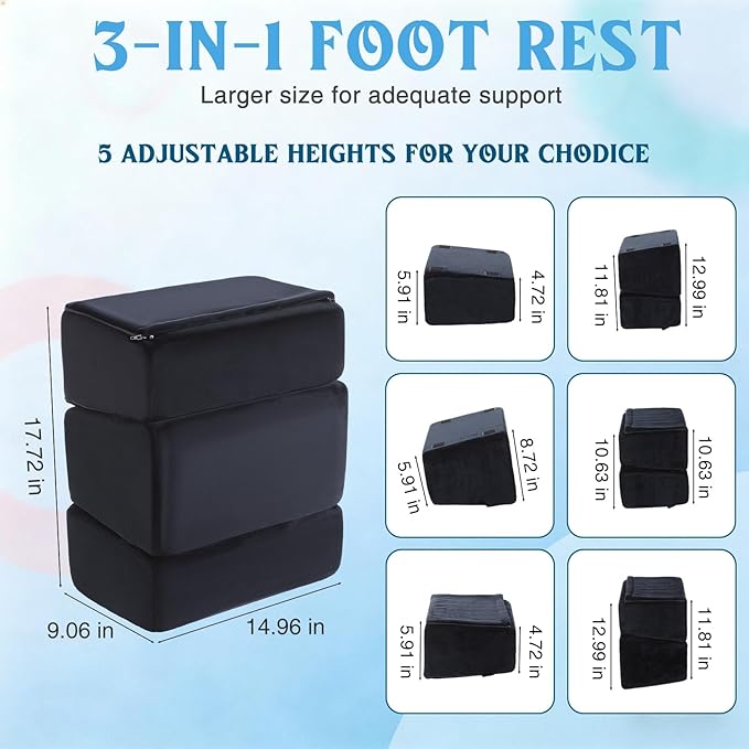 Novabright Adjustable Under Desk Foot Rest, Memory Foam Foot Stool with Gel Top and Warm Pocket Washable Cover Footrest for Office Chair Leg and Back Pain Relief(15" X 9" X 17.7",Parallel,Black)