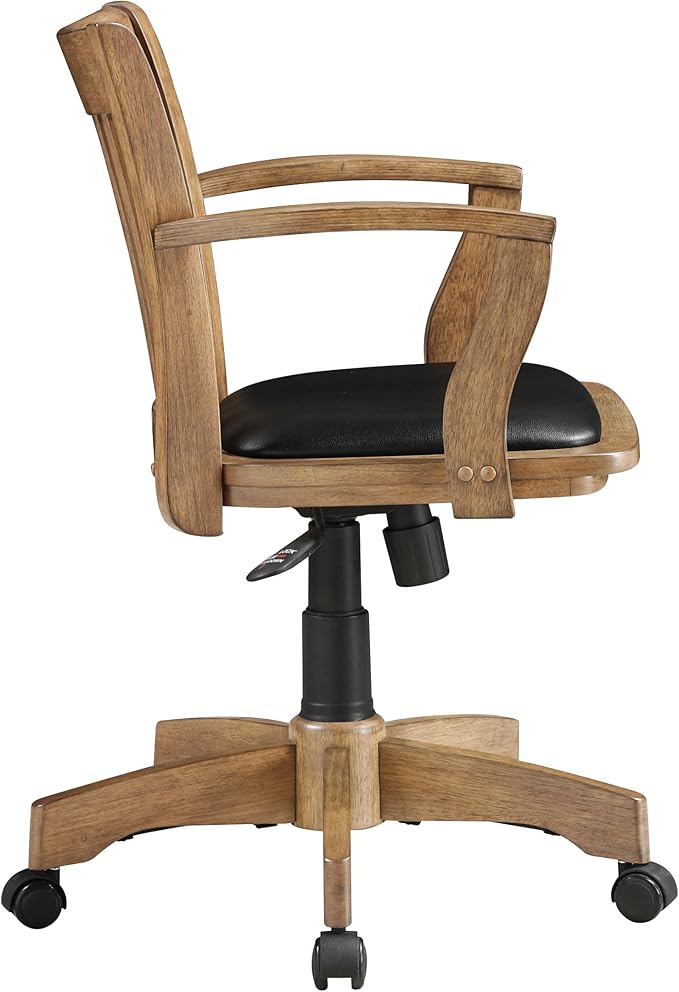 OSP Home Furnishings Deluxe Wood Banker's Desk Chair with Padded Seat, Adjustable Height and Locking Tilt, Fruitwood Finish and Black Vinyl