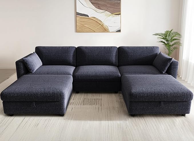 KKL Sofa Couches for Living Room - 113" Modular Sectional Couch Down Filled Sectional Sofa with Adjustable Backrest, Oversize Cloud Deep Couch 5 Seater with Storage Ottoman Chenille, Blue