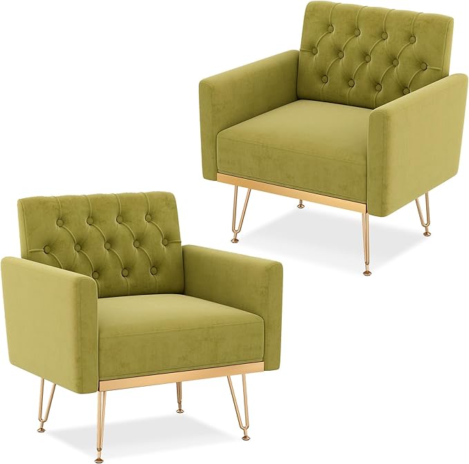 Accent Chair for Living Room, Comfy Oversized Velvet Upholstered Arm Chairs, Mid Century Modern Reading Single Sofa Side Chair with Tufted Back and Gold Legs for Bedroom (2, Olive Green)
