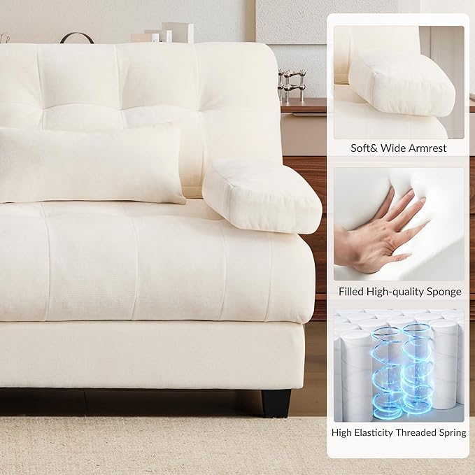 GRAINLLE 67'' Modern Chenille Love Seat Sleeper Cloud Couch Bed,Convertible Cozy Deep Seat Couches with Wide Armrest & Throw Pillows for Living Room,Home,Bedroom(Ivory)
