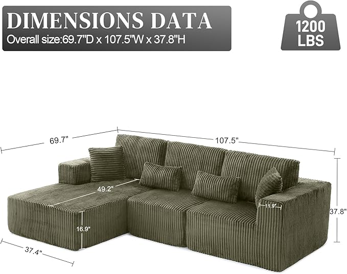 Modular Sectional Sofa Cloud Sectional Couch, 107" Comfy Fluffy L Shaped Olive Green Couches for Living Room, Deep Seat Memory Foam Plush Corduroy Boneless Couch Sectionals Left Facing Chaise Sofa