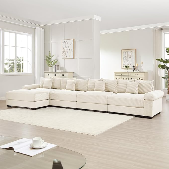 KEIKI 168" L-Shaped Oversized Corduroy Modular Cloud Sectional Sofa with 1 Ottoman, High-Density Foam Cushion, Extra-Thick Armrest, 4-Seater Fluffy Corner Couch with 12 Pillow, for Living Room, Beige