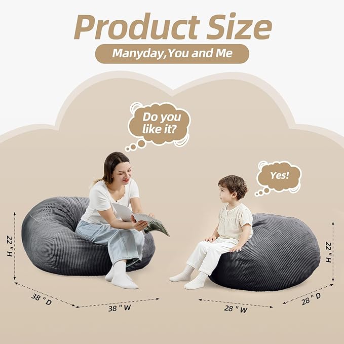 Bean Bag Chair with Corduroy Cover and Memory Foam Filled for Teens and Kids, Small Comfy Fluffy Floor Chair for Living Room Bedroom (Gray, 2.5FT)