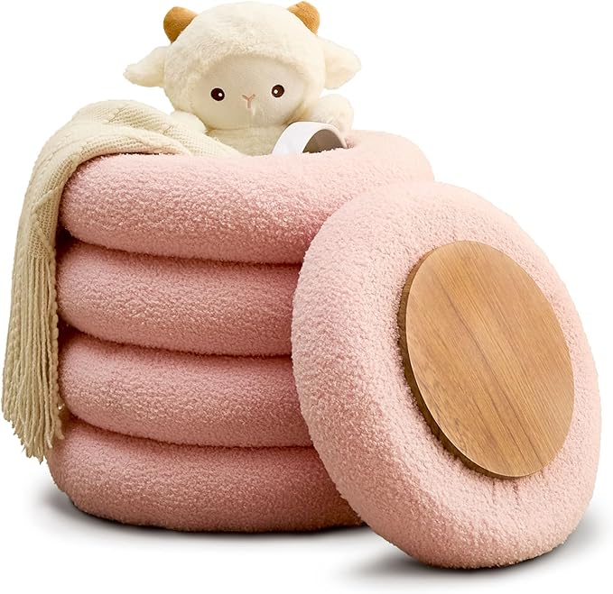 Wimarsbon Round Storage Ottoman, Modern Sherpa Footstool, Teddy Vanity Stool with Flip-Top Tray, Makeup Chair for Home Decor, Upholstered Footrest for Living Room & Bedroom (Pink S)