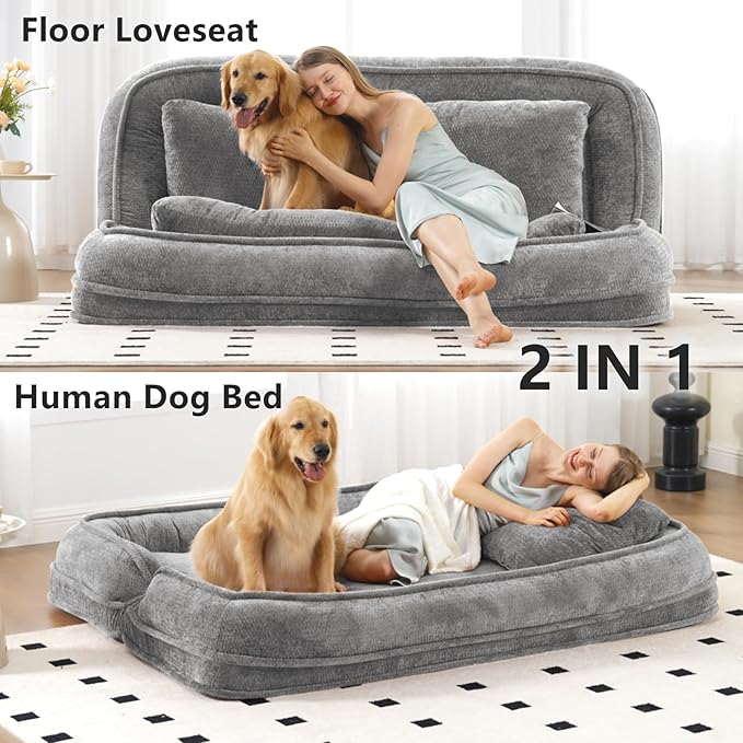 Foldable Lazy Sofa Bed, Chenille Upholstered Human Dog Bed for Adults, 2 in 1 Convertible Floor Sofa with 5 Adjustable Backrest Positions and Soft Cushions for Living Room (Light Gray)