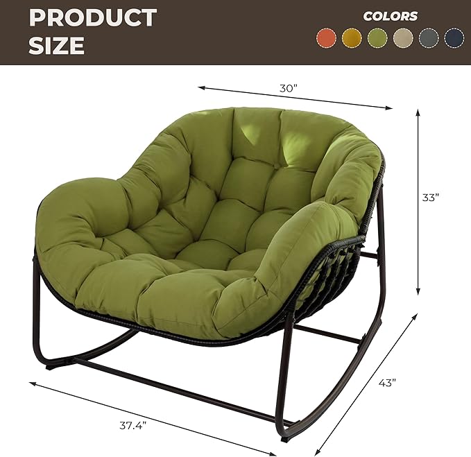 Sgentle Papasan Rocking Chair Outdoor, Oversized Patio Rocking Chair with Cushions & Steel Frame, Wicker Egg Lounge Chair Indoor, Comfy Reading Chair for Patio, Deck, Porch (Green, Style 1)