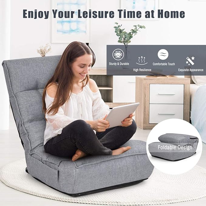 DORTALA Foldable Floor Chair for Adults, Memory Foam Floor Gaming Banana Chair w/ 5-Position Adjustable Head and Back Support for Bedroom, Living Room, Gaming Room, Grey