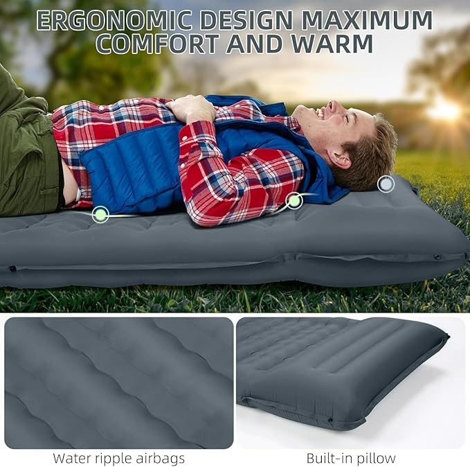 FNARMW Camping Sleeping Pad, Extra Thick 5 Inch Camping Mat with Pillow Built-in Foot Pump Inflatable Sleeping Pads Compact for Camping Backpacking Hiking Traveling Tent（Gray）