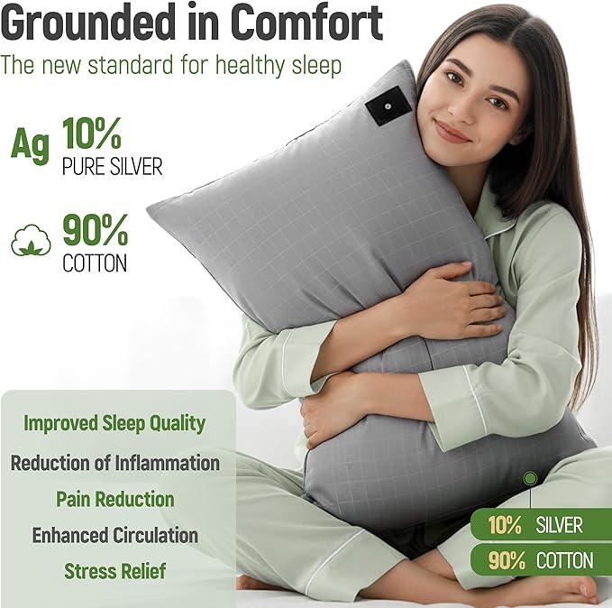 Groundingtop Pillowcase Upgraded 10% Silver Fiber Grounding Pillowcase, 90% Cotton Grounded Earth Bed Pillow Cover for Better Sleep Pain Relief Improve Energy, Queen 20x30 Inch, Gray 1PC