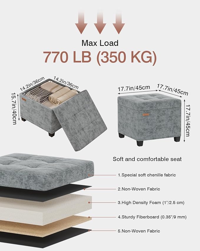 ABHENG 17.7 inches Chenille turfed Ottomans Cube with Storage, Metal-Framed Square Storage Ottoman Foot Rest Stool Holds 770 LB for Dorm Living Room Bedroom Gray UASN641G