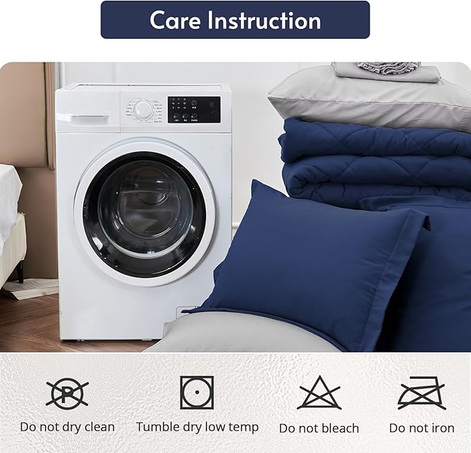 MUXHOMO 5 Pieces Twin XL Comforter Set, Reversible Bed in a Bag Twin XL Size, All Season Bedding Set with Comforter, Flat Sheet, Fitted Sheet, Pillowcases & Shams, Navy & Light Grey