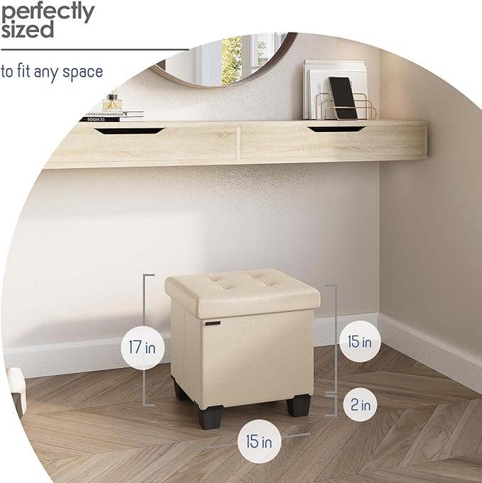 Storage Ottoman Cube with Small Bin, 16-in Square Ottoman with Storage for Living Room and Bedroom, Small Ottomans Foot Rest, Faux Leather Foot Stools Ottomans Max 330lbs, Beige