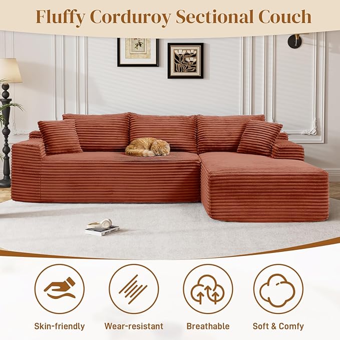 95" Boneless Cloud Sectional Couches for Living Room, Comfy Fluffy L Shaped Memory Foam Deep Seat Boneless Couch, Modular Sectional Sofa with Right Facing Chaise, Orange