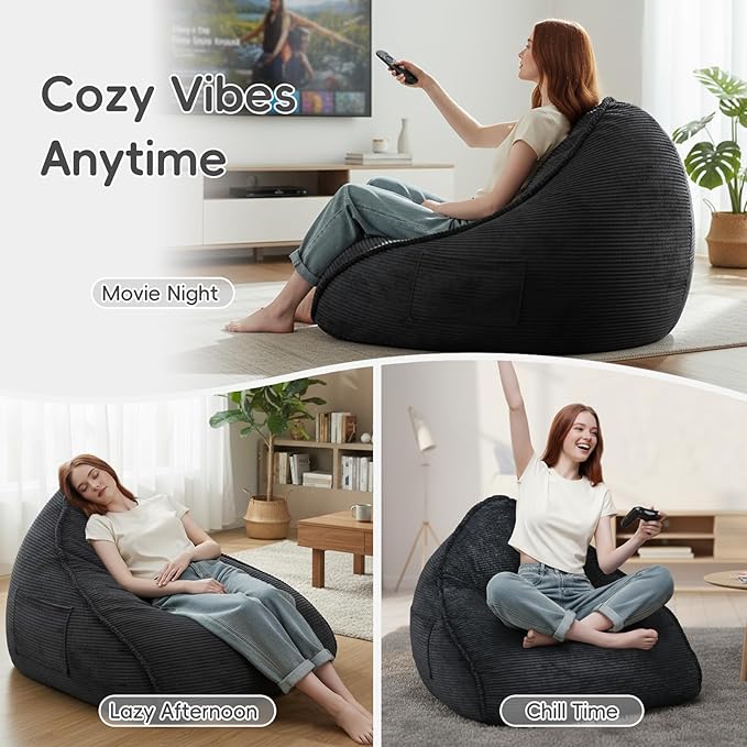Cloud Bean Bag Chair with Ottoman for Adults, Comfy Corduroy Chaise Lounge Chair with High-Resilience Foam, Boneless Reading Chair for Bedroom & Living Room (Black)