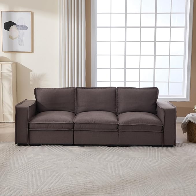 HEAY-YO 93 Inches Modern Modular Sectional Sofa,3-Seater Comfy Couch with High Density Foam and Armrests,Floor Sofa for Living Room Bedroom Apartment,Linen Grey