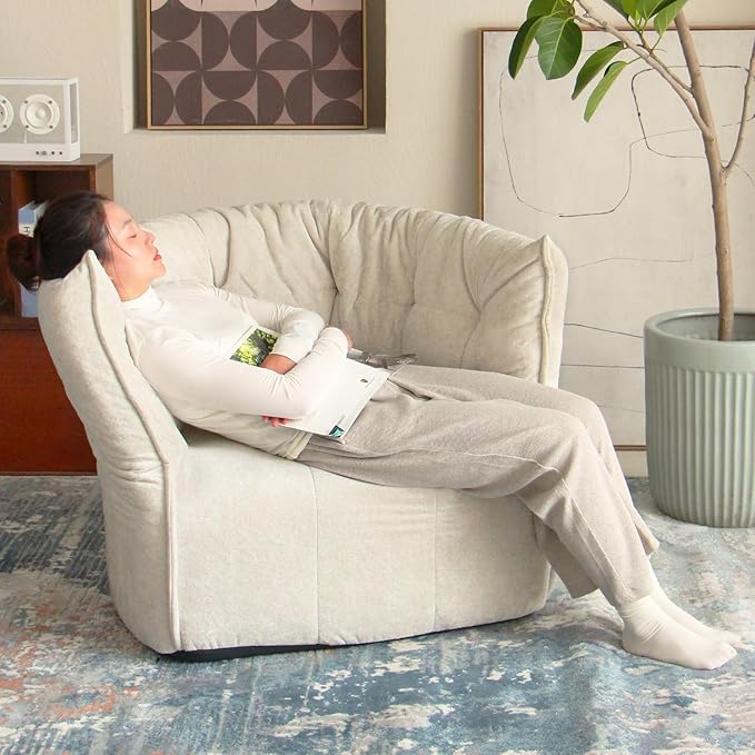 N&V Mid Century Brigantin Deep Relaxation Sofa, Soft Premium Chenille, for Living Room Bedroom and Office (Ivory, Single)