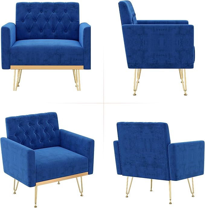 Accent Chair for Living Room, Comfy Oversized Velvet Upholstered Arm Chairs, Mid Century Modern Reading Single Sofa Side Chair with Tufted Back and Gold Legs for Bedroom (1, Navy)